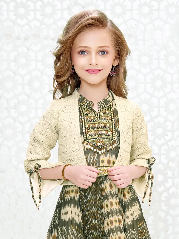 Green georgette long dress with designer jacket