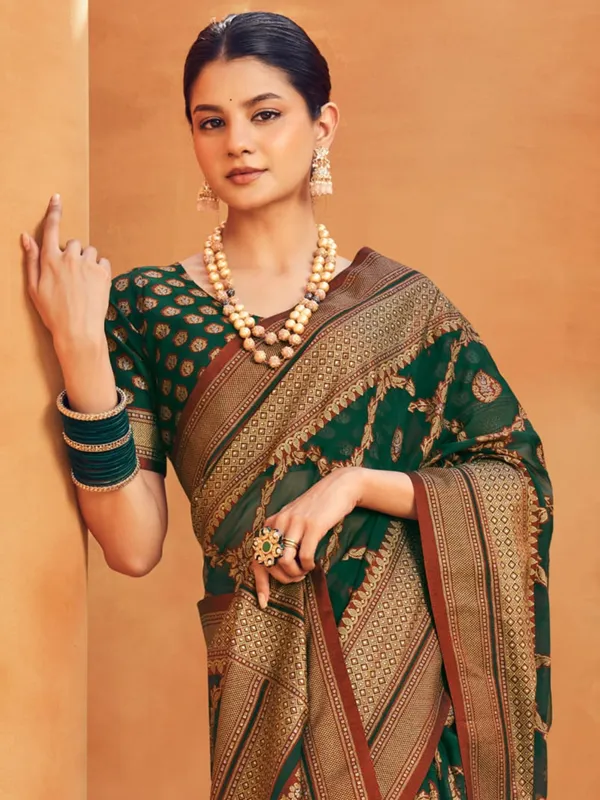 Green georgette saree with zari border
