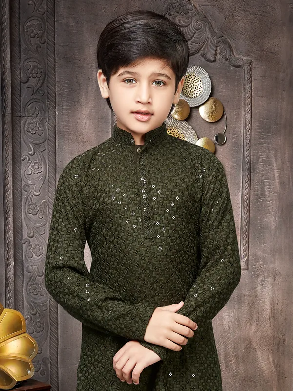 Green georgette sequins kurta suit for boys