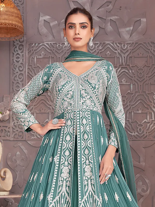 Green georgette V neck lehenga suit