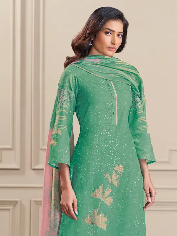 Green linen cotton printed salwar suit