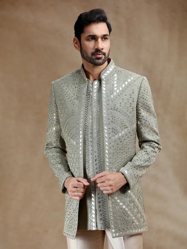 Green linen silk men indowestern set
