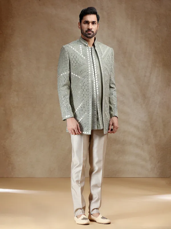 Green linen silk men indowestern set