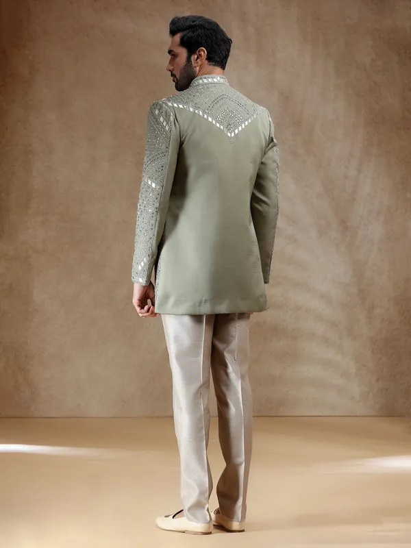 Green linen silk men indowestern set