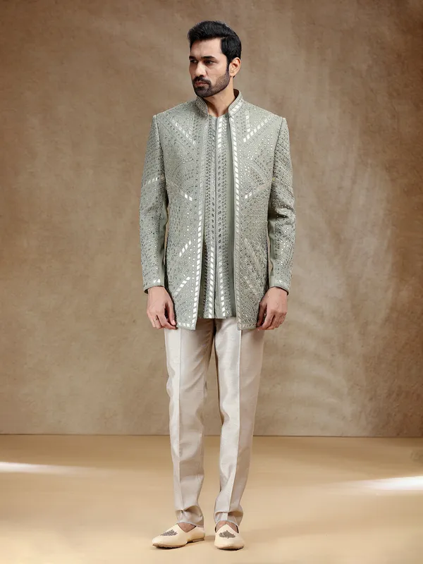 Green linen silk men indowestern set