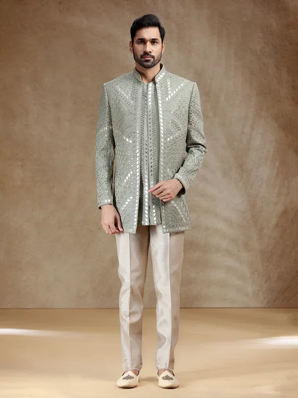 Green linen silk men indowestern set
