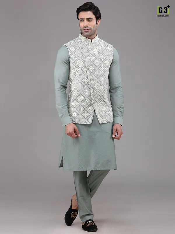 Green lucknowi thread woven silk waistcoat set