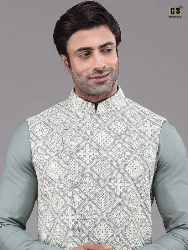 Green lucknowi thread woven silk waistcoat set