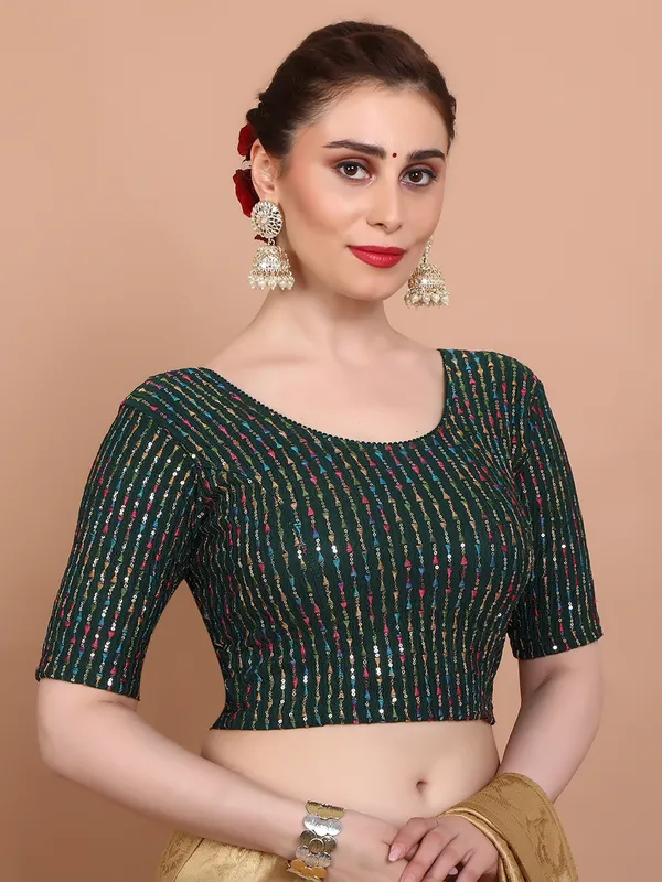Green lycra embroidered strechable ready made blouse