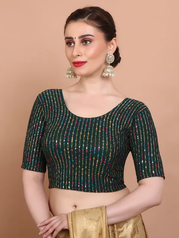 Green lycra embroidered strechable ready made blouse