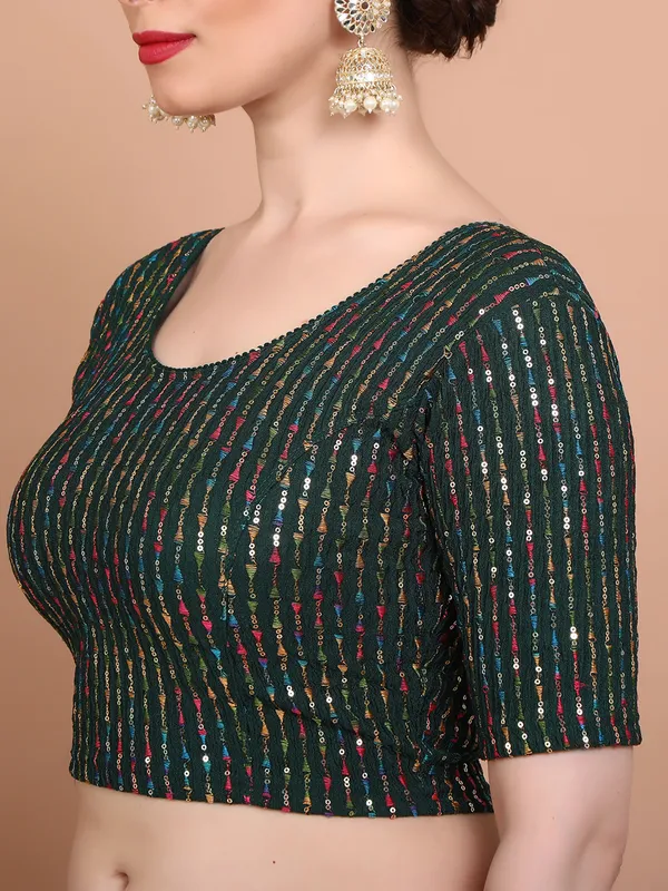 Green lycra embroidered strechable ready made blouse