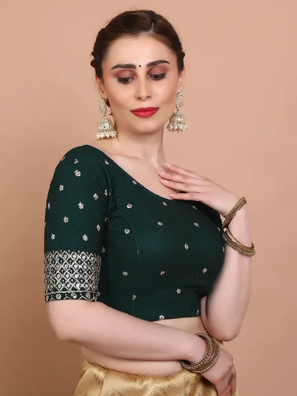 Green lycra strechable embroidered ready made blouse