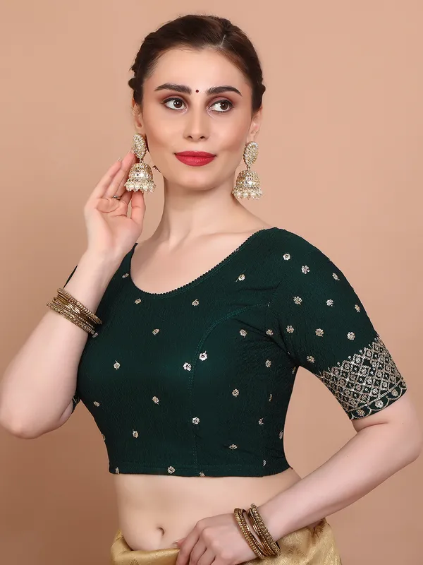 Green lycra strechable embroidered ready made blouse