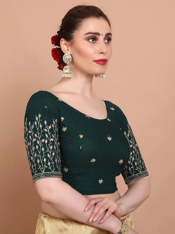 Green lycra strechable embroidered ready made blouse for women