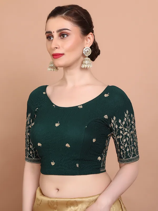 Green lycra strechable embroidered ready made blouse for women