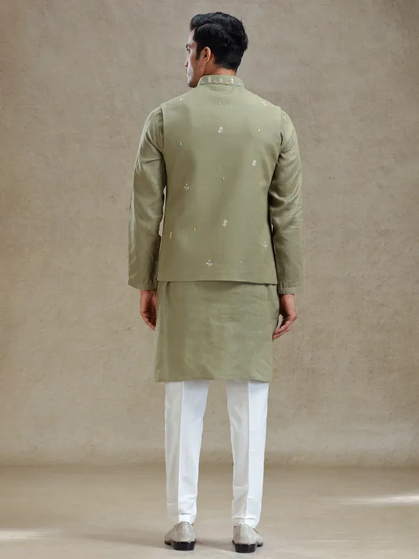 Green mirror worked waistcoat set for wedding