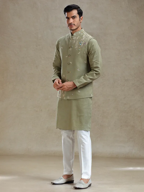 Green mirror worked waistcoat set for wedding