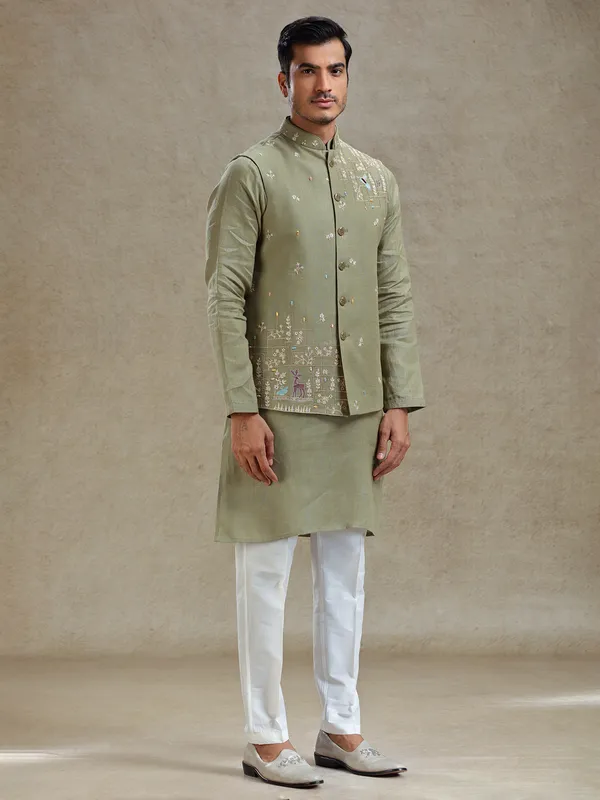 Green mirror worked waistcoat set for wedding
