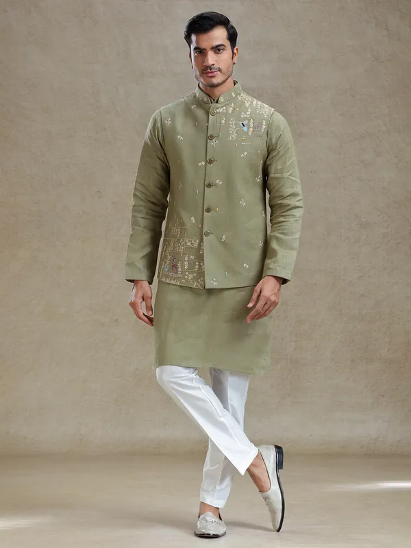 Green mirror worked waistcoat set for wedding