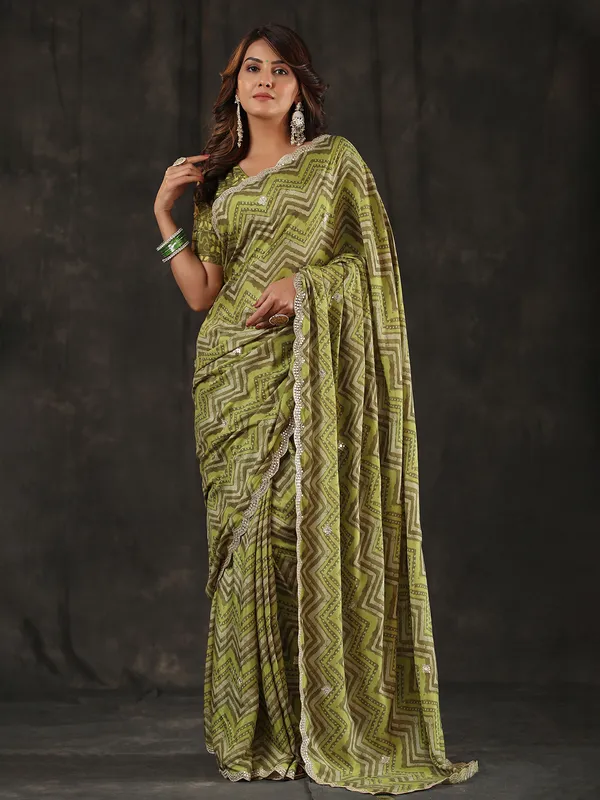Green muslin silk zig zag pattern saree
