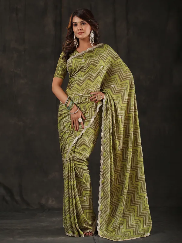 Green muslin silk zig zag pattern saree