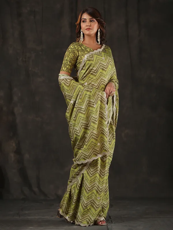 Green muslin silk zig zag pattern saree