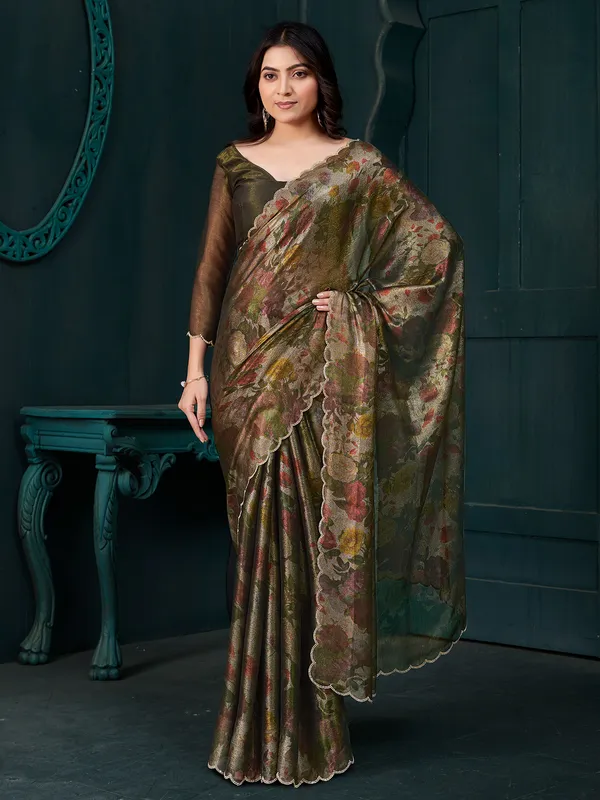 Green partywear saree in chinon with diamond touch