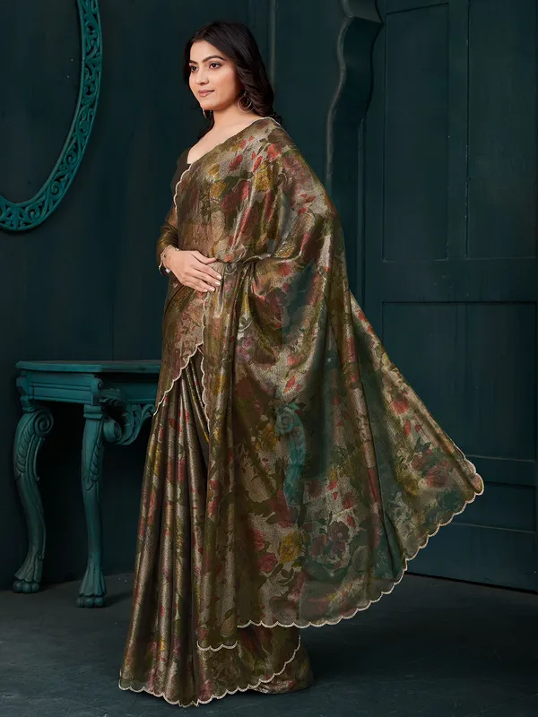 Green partywear saree in chinon with diamond touch