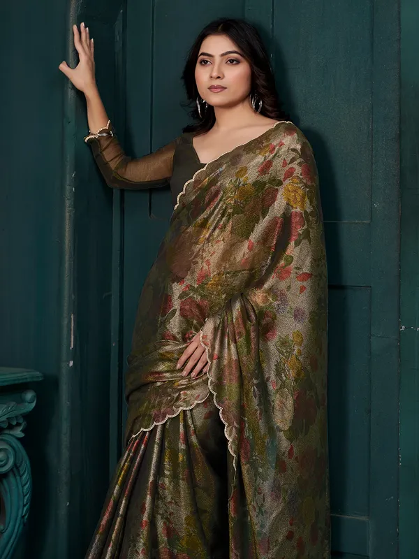 Green partywear saree in chinon with diamond touch