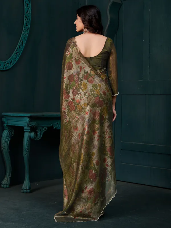 Green partywear saree in chinon with diamond touch