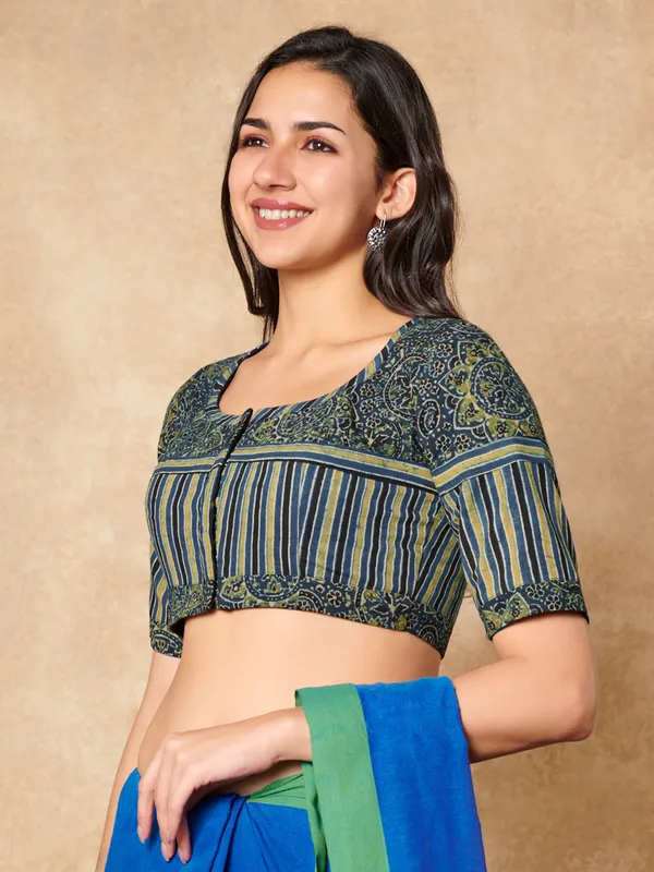 Green printed ajrakh printed cotton ready made blouse for women