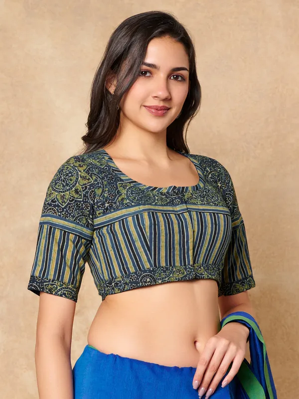 Green printed ajrakh printed cotton ready made blouse for women