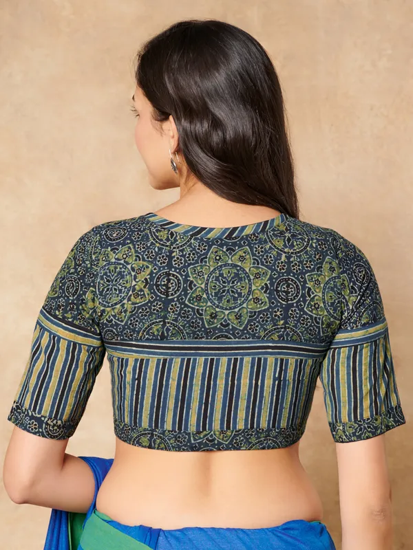 Green printed ajrakh printed cotton ready made blouse for women