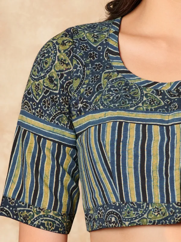 Green printed ajrakh printed cotton ready made blouse for women