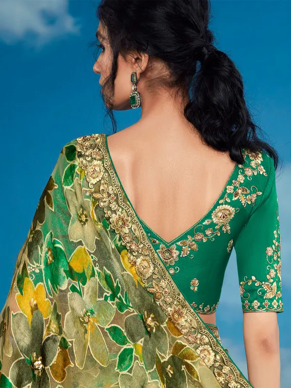 Green printed brasso saree for festive