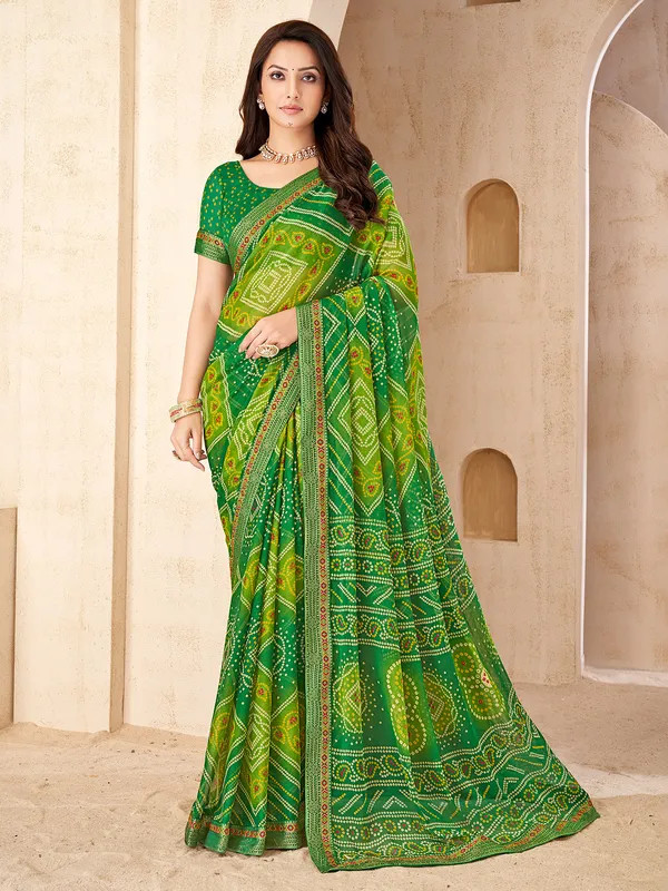 Green printed chiffon saree for festival
