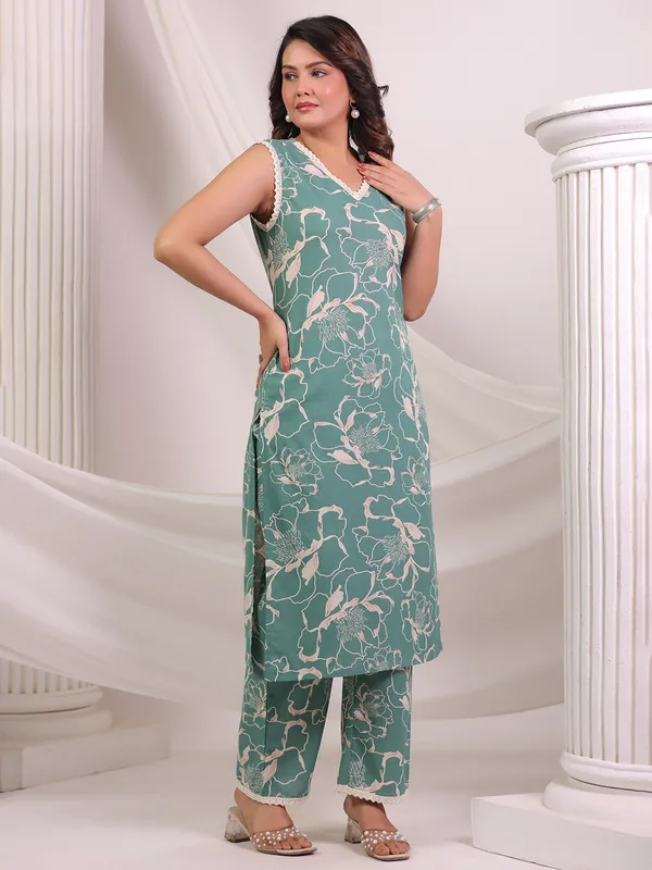 Green printed cotton kurti set for women