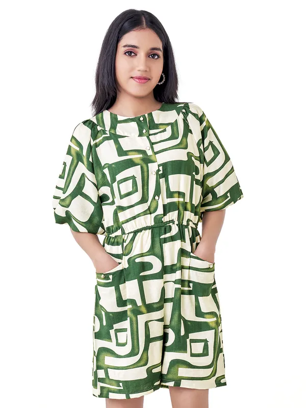 Green printed cotton silk jumpsuit with round Neck