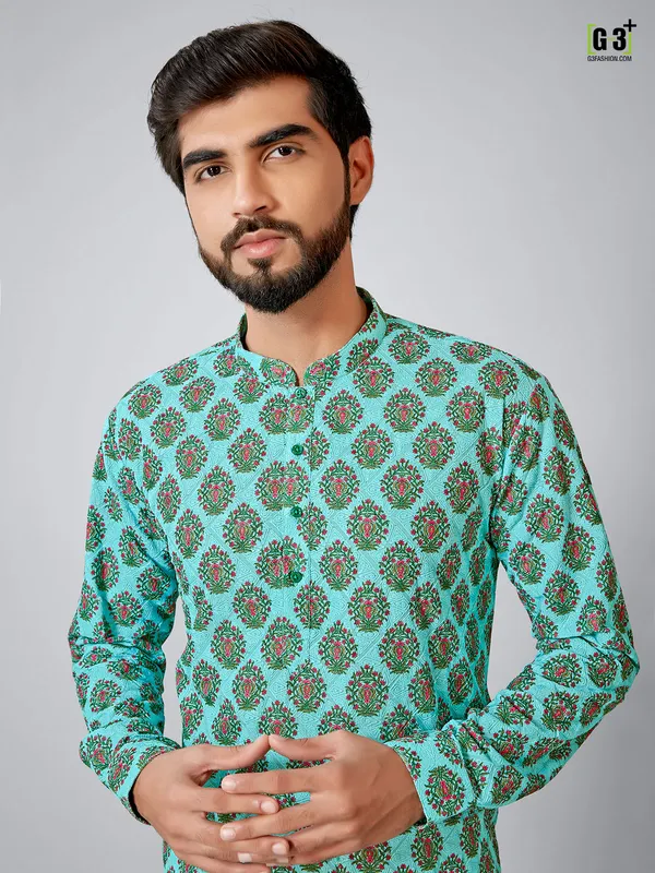 Aqua printed cotton silk kurta set