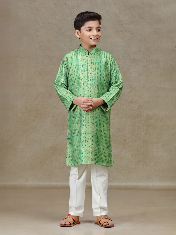 Green printed cotton silk kurta set