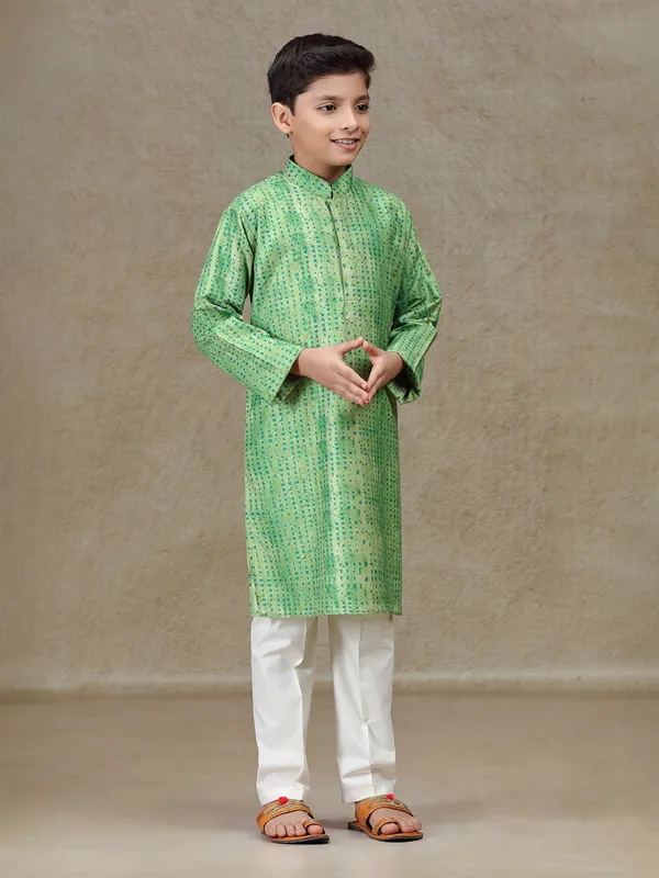Green printed cotton silk kurta set