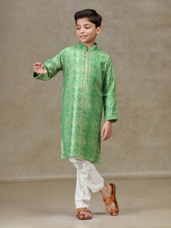 Green printed cotton silk kurta set