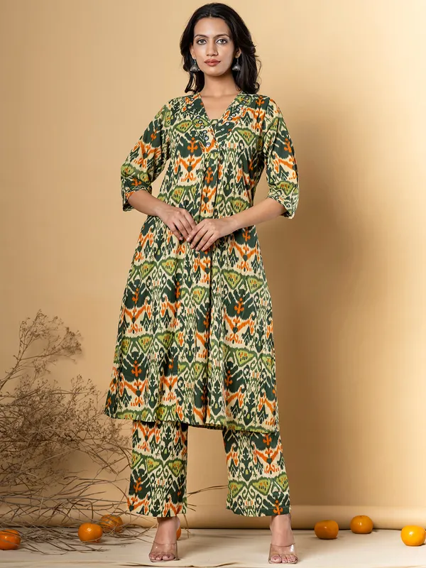Green printed cotton silk kurti set