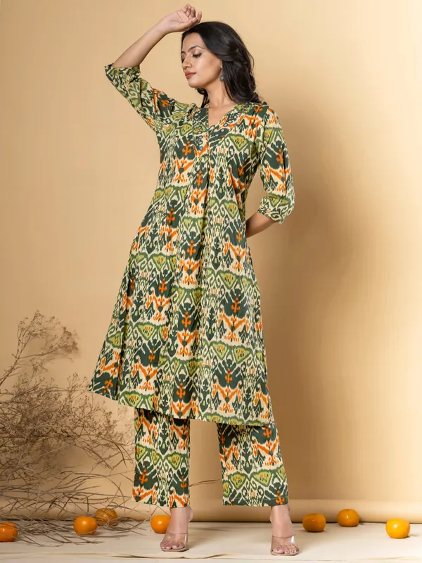 Green printed cotton silk kurti set