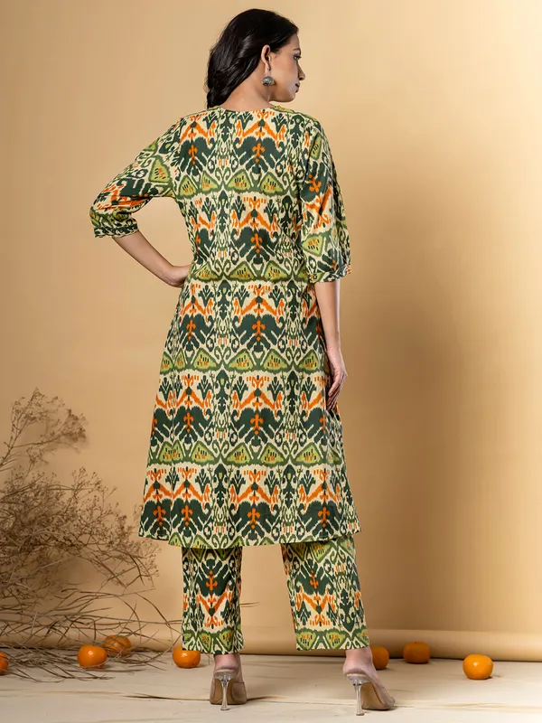 Green printed cotton silk kurti set