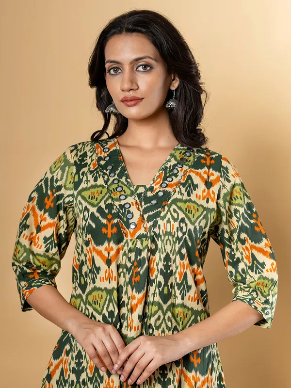 Green printed cotton silk kurti set