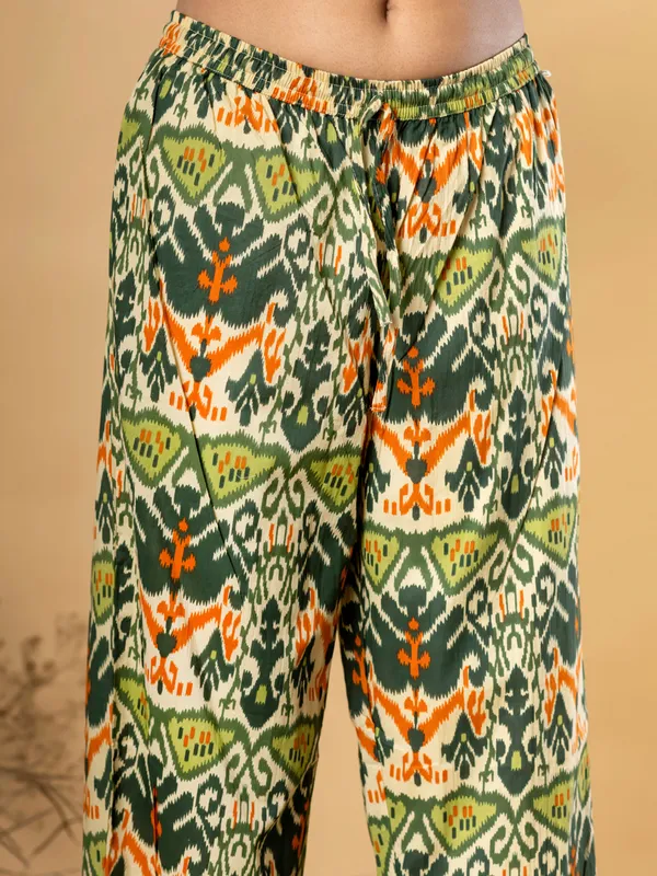 Green printed cotton silk kurti set