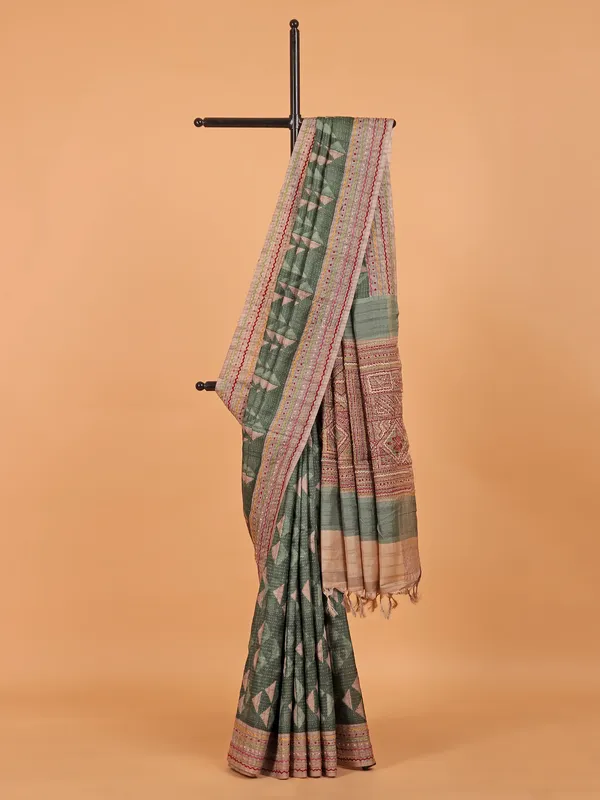 Green printed cotton thread weaving saree for festive