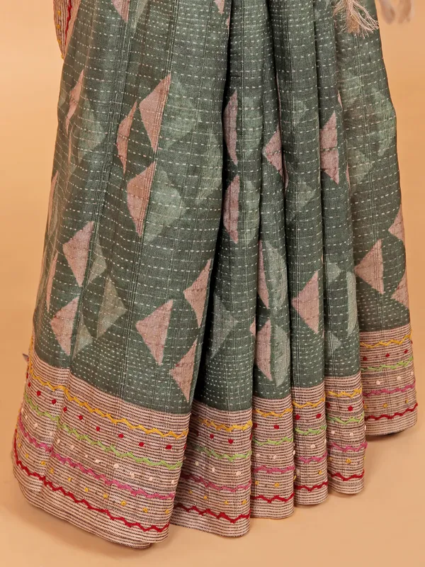 Green printed cotton thread weaving saree for festive