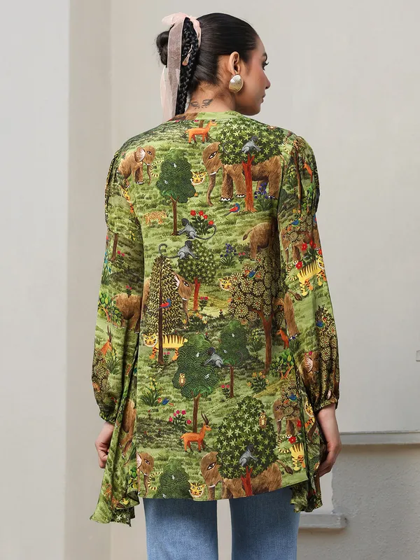 Green printed crepe top for women